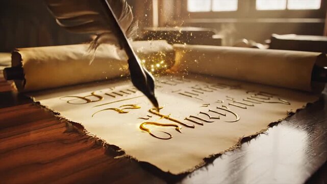 Quill pen writing on old parchment scroll with ink.