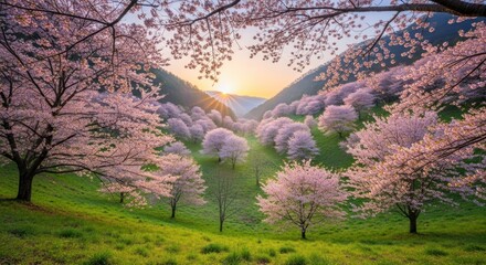 Vibrant cherry blossoms bloom in a sun-drenched valley during spring.