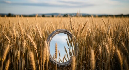 A mirror reflects the sky in the middle of a wheat field.