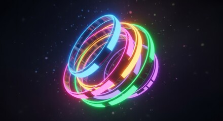 Abstract glowing neon rings in a dark digital space