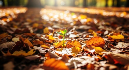 A small sprout emerges from fallen autumn leaves bathed in sunlight.