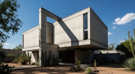 Minimalist concrete house in arid landscape with cacti and blue sky