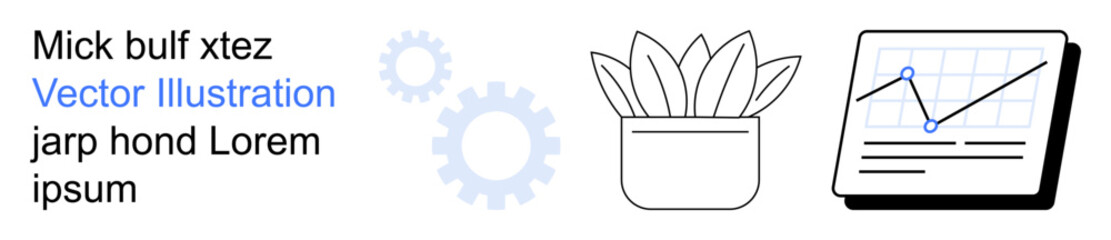 Business strategy, growth analysis, data science, productivity tools, workflow planning, modern workspace. Pot with leaves, chart with rising graph and gear icons. Business strategy and data science