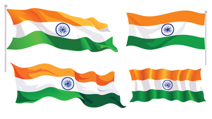 Republic day long flag waves elements Collection of Waving Indian Flags on Pole Isolated Vector Illustration.