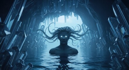Ethereal Water Spirit in a Crystal Cave with Glowing Eyes
