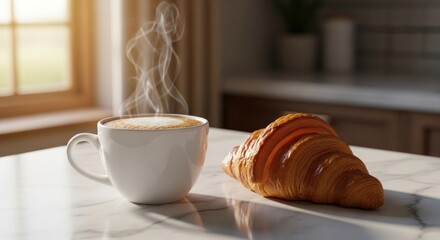 Steaming coffee with fresh croissant on marble table by window