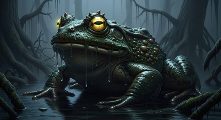 Giant toad sits in a dark, foggy swamp with glowing eyes.