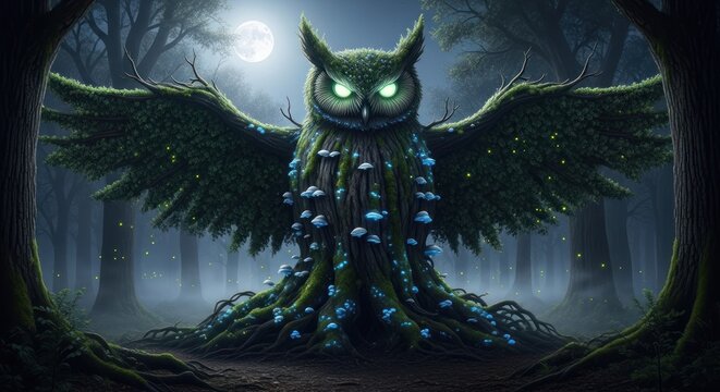 A mystical owl tree creature stands guard in an enchanted forest at night.