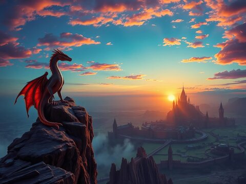 A majestic dragon perched on a rocky cliff overlooking a vast kingdom at sunset,  dragon,  kingdom