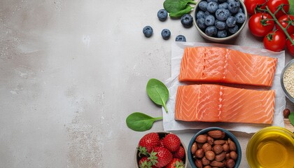 A vibrant overhead shot of fresh salmon fillets surrounded by healthy ingredients like blueberries, strawberries, almonds, spinach, and olive oil.