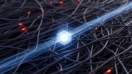 Data Stream: A visual representation of data transfer, a central glowing point surrounded by interconnected cables, conveying the essence of digital communication. 