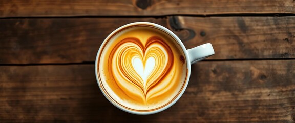 Cappuccino with heart latte art in ceramic cup on rustic wooden table,  top view,  rustic