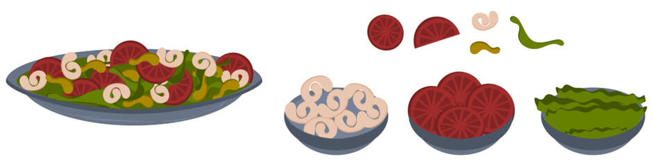 Vector isolated food items of  vegetable salad with ingredients 