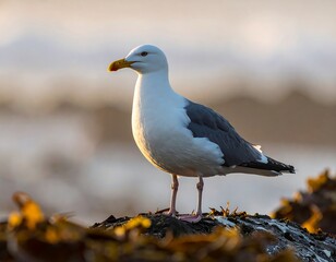 A seagull stands poised on a rock with blurred wave in background, bathed in golden sunlight