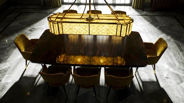 Elegant dining room with wooden table, chairs, chandelier, and gray marble floor.