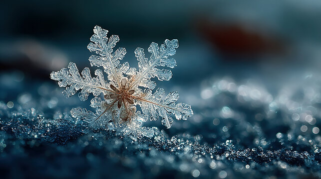 Close-up of a snowflake resting on icy surface with intricate crystalline structure.