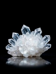 Obraz premium A sparkling cluster of clear quartz crystals reflecting light on a dark background, earth, detail