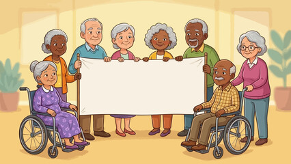 Vector Senior Community Illustration – Elderly Group with Banner in Park for Aging Awareness, Inclusion Campaigns, Retirement Events, and Healthcare Design Themes