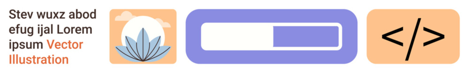 Mindfulness, web development, progress tracking, coding, technology icons, design . Lotus flower, progress bar and coding brackets in a minimal flat style. Mindfulness and web development concept