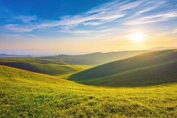 Gentle rolling hills covered in fresh green grass, with a clear sky and soft clouds, create a tranquil atmosphere for personal development and reflection