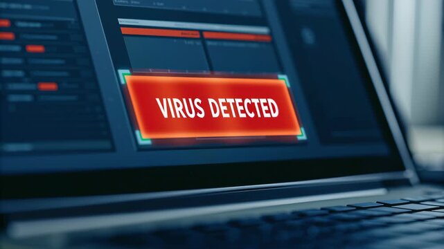 Computer virus and cyberattack on screen concept. A warning alert appears on a laptop displaying the message 'Virus Detected'.