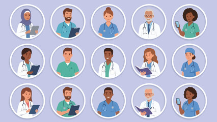 Vector Medical Portraits – Diverse Healthcare Professionals in Circular Frames for Hospital Graphics, Team Profiles, and Clinical Staff Design Themes