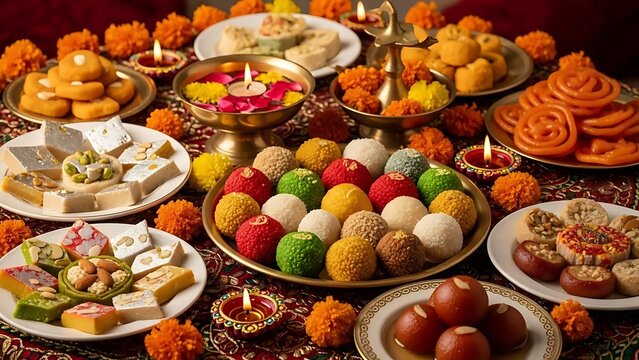 Festive Indian Sweets and Treats for Diwali Celebration with Colorful Arrangements and Traditional Decorations