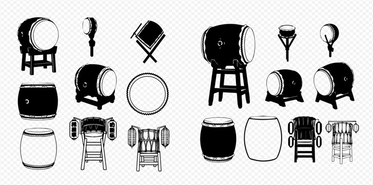Set of traditional Japanese taiko drums and drumsticks in black and white vector illustration.