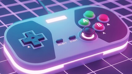 A retro-futuristic video game controller with glowing neon lights sits on a grid surface, evoking a synthwave aesthetic.