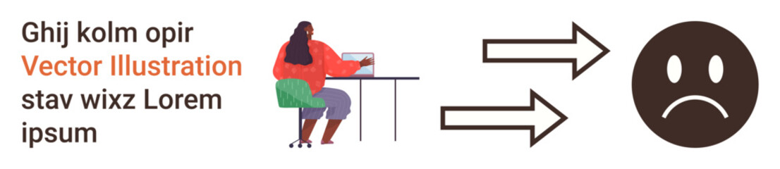 Communication, emotional response, digital work, feedback, information flow, online interaction. Person using a laptop, arrows connecting to a sad face. Communication and emotional response concept