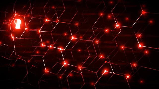 Computer virus and cyberattack on screen concept. A red hexagonal pattern with a keyhole symbolizes network security and potential threats.