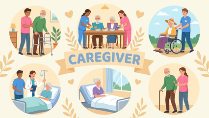 Vector Caregiver Scenes – Elderly Support and Healthcare Assistance Illustrations for Aging Awareness, Compassionate Design, and Senior Living Graphics