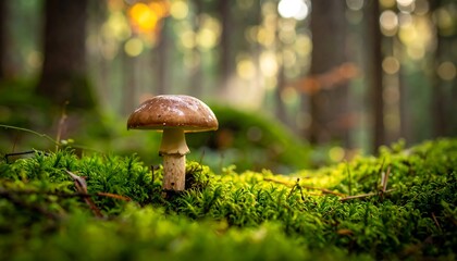 A single mushroom stands among vibrant green moss in a sun-dappled forest setting