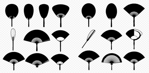 Collection of traditional Japanese handheld fans in various shapes and styles, black silhouettes on a transparent background. © Adji