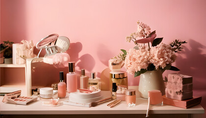 Cosmetics lined up against a pink wall