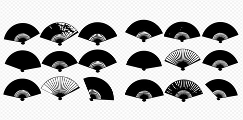 Set of traditional Japanese folding fans in black and white with various designs. © Adji