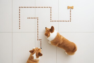 Two corgi dogs following treat trail maze on floor to reach dog bone