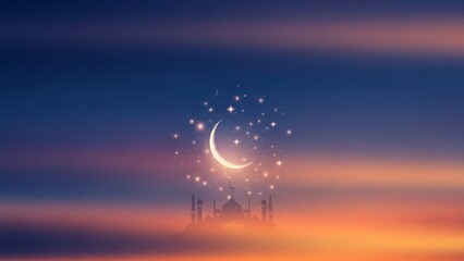 Ramadan Kareem crescent moon with starry night celebration featuring mosque silhouette and vibrant pastel sky bringing blessings and spiritual reflection
