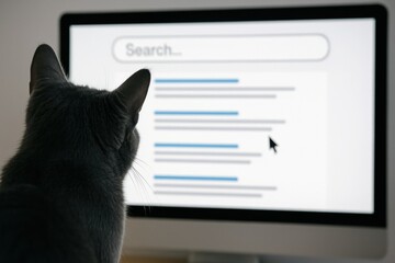 Cat looking at computer screen with search engine results