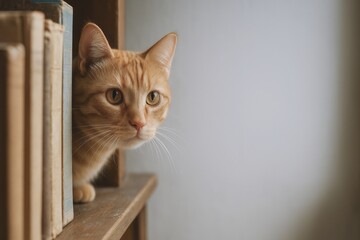 Curious orange tabby cat peeking from bookshelf indoors with soft background