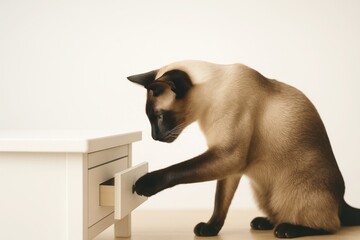 Siamese cat opening drawer of white wooden nightstand indoors