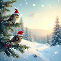 Two Robins Wearing Santa Hats Perched on a Snowy Christmas Tree