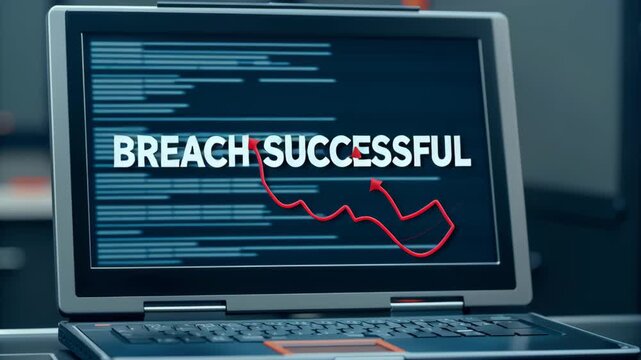 Computer virus and cyberattack on screen concept. A laptop displays a message indicating a successful breach, representing cybersecurity threats.