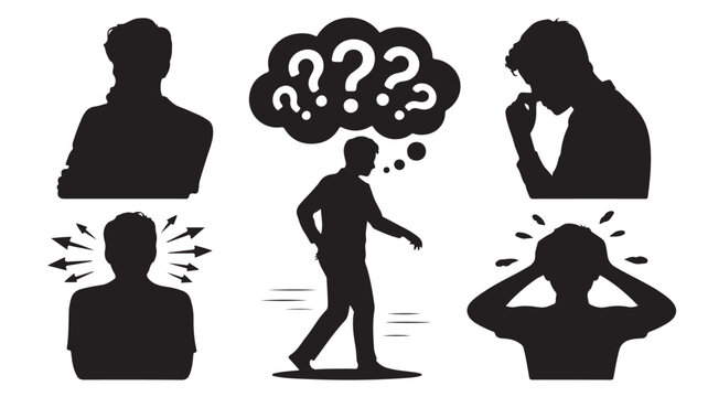 Silhouette icons of people with confused expressions and question marks for presentations and infographics, flat vector illustration