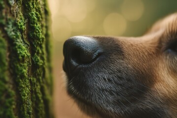 Dog sniffing tree bark in forest close up of nose and moss