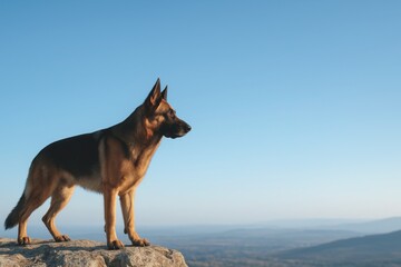 German shepherd dog standing on rock overlooking mountain landscape at sunrise