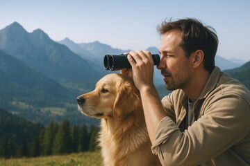 Man using binoculars outdoors with golden retriever in mountain landscape
