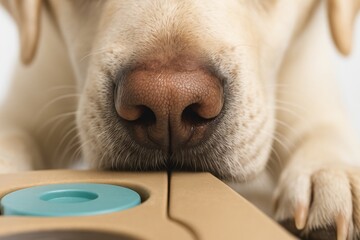 Close-up of dog nose sniffing interactive puzzle toy for mental stimulation