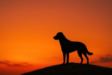 Dog standing on hill at sunset with orange sky background
