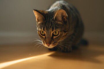 Tabby cat crouching on wooden floor focused on light spot indoors